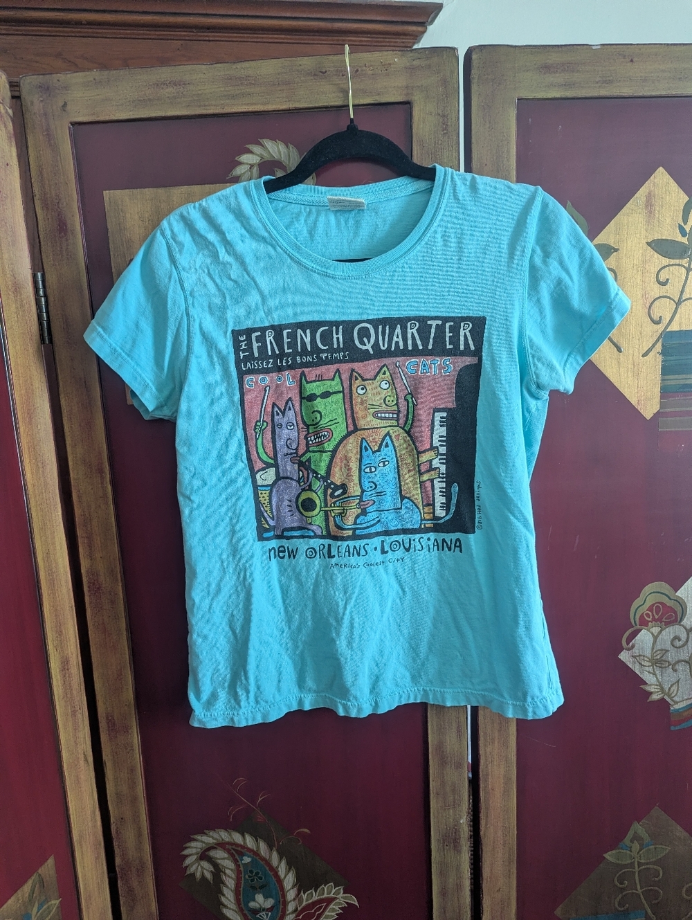 Y2K Blue New Orleans French Quarter Casual Tshirt Women's Medium Folk Cats
